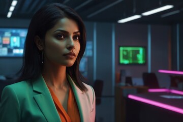 Young businesswoman in the office. Neon style