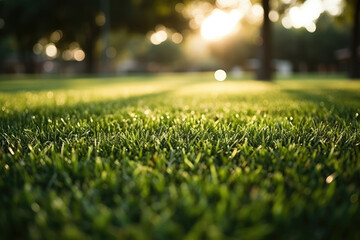 Naklejka premium Close-up of a well-kept lawn with lush green grass in a beautiful garden setting, exuding serenity and tranquility, ideal for landscaping and gardening concepts.