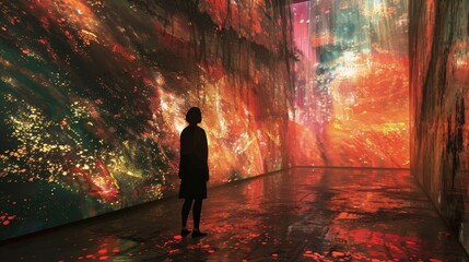 A woman stands in front of a large, colorful wall. The wall is covered in a variety of colors and patterns, creating a vibrant and dynamic atmosphere. The woman is captivated by the artwork - obrazy, fototapety, plakaty