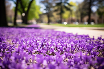 Beautiful flower bed in the city park with vibrant blossoms and greenery - obrazy, fototapety, plakaty