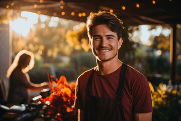 Young gardener is posing in the backyard of a house. The sun is shining, creating a warm and inviting atmosphere.
