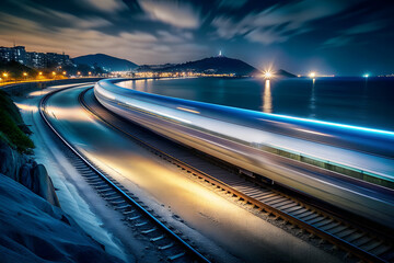 night scene of bullet train overtaking, dynamic motion effect, editorial photography, background Beach view