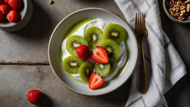 plate with natural yogurt, strawberries, kiwi on the table