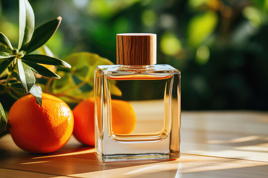 Citrus notes fragrance in perfumery concept. Perfume bottle placed next to a fresh and vibrant orange branch, creating a refreshing and aromatic composition.