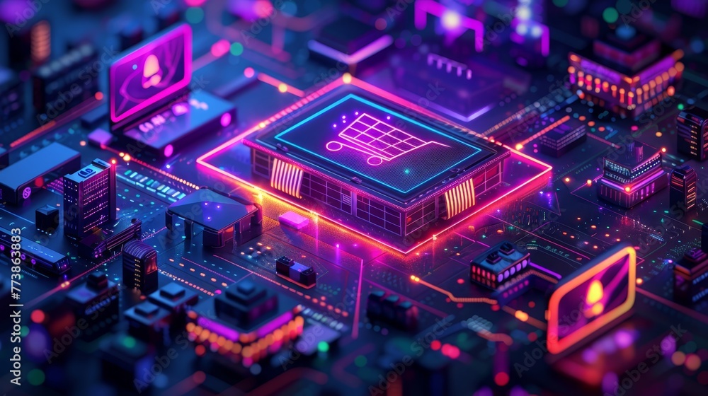 Aufkleber a computer chip with a shopping cart on it. the chip is glowing in neon colors. the image is of a ci