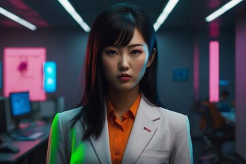 Young businesswoman in the office. Neon style