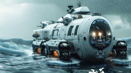 A futuristic space ship is floating on the water. The ship is white and has a large dome on top. Scene is one of adventure and exploration