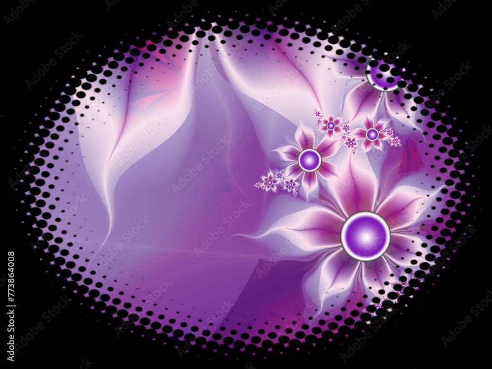 Poster fractal image in an oval frame with flowers on a dark background..template with place for inserting 