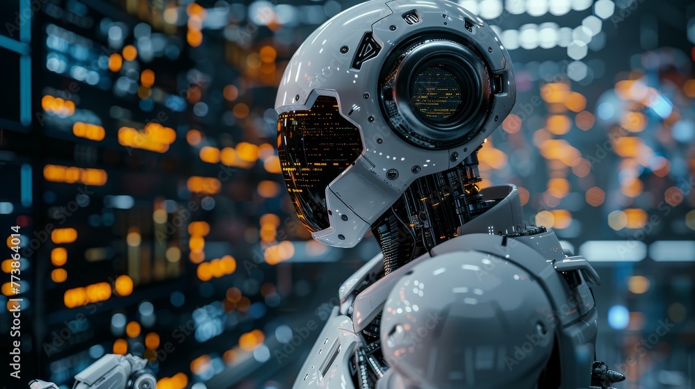 Poster a robot with a white helmet stands in front of a wall of glowing lights. the robot's face is illumin