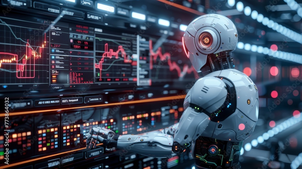 Poster a robot is standing in front of a computer monitor with a lot of numbers and graphs. the robot is fo