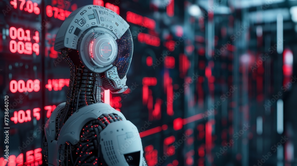 Poster a robot is standing in front of a wall of red numbers. the robot is wearing a white helmet and has a