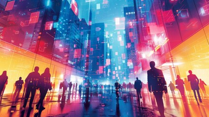 A cityscape with a man in a suit walking down a street. The sky is filled with neon lights and the people are walking around