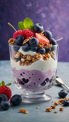 A delicious and nutritious parfait layered with yogurt, granola, and a variety of fresh berries, served in a glass