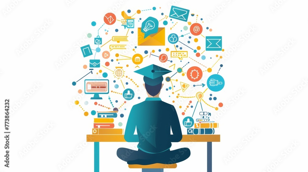 Poster a man is sitting at a desk with a computer and a stack of books. concept of a student studying or wo