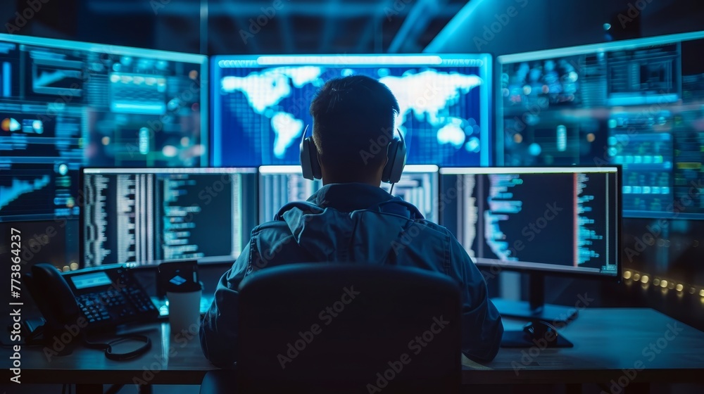 Poster a man is sitting in front of a computer monitor with three screens. he is wearing headphones and he 