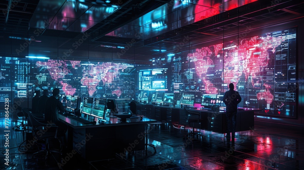 Poster a futuristic room with a man standing in front of a large screen. the room is filled with computers 