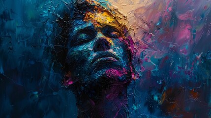A painting of a man's face with a blue background. The painting is abstract and colorful. The man's face is the main focus of the painting, and it is in a state of deep thought or contemplation - obrazy, fototapety, plakaty