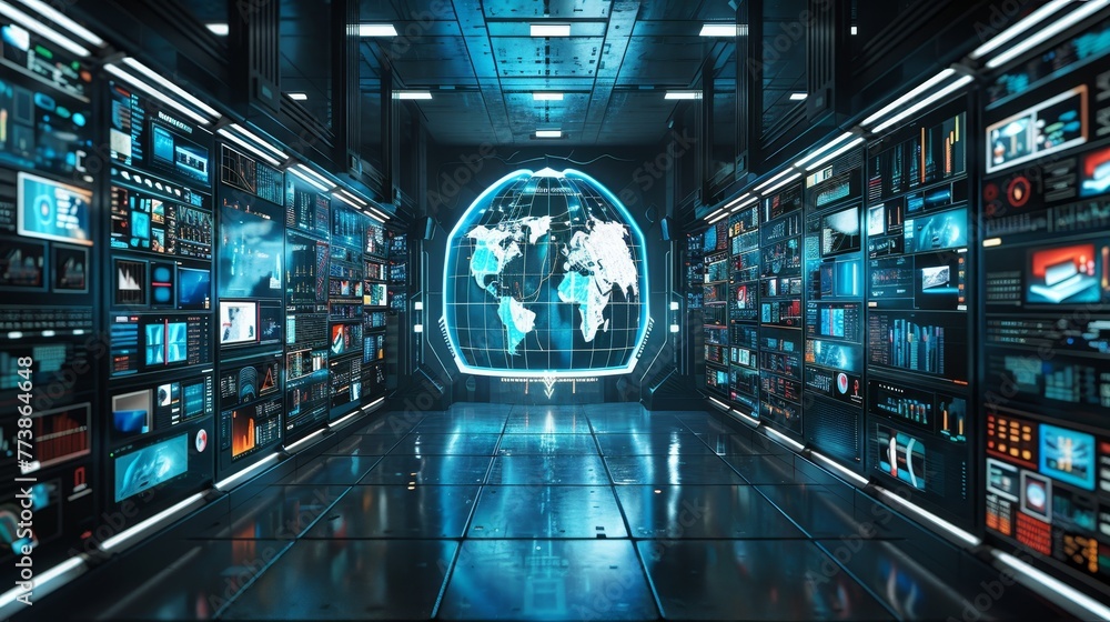 Poster a large room with many computer monitors and a large globe in the center. the room is filled with te