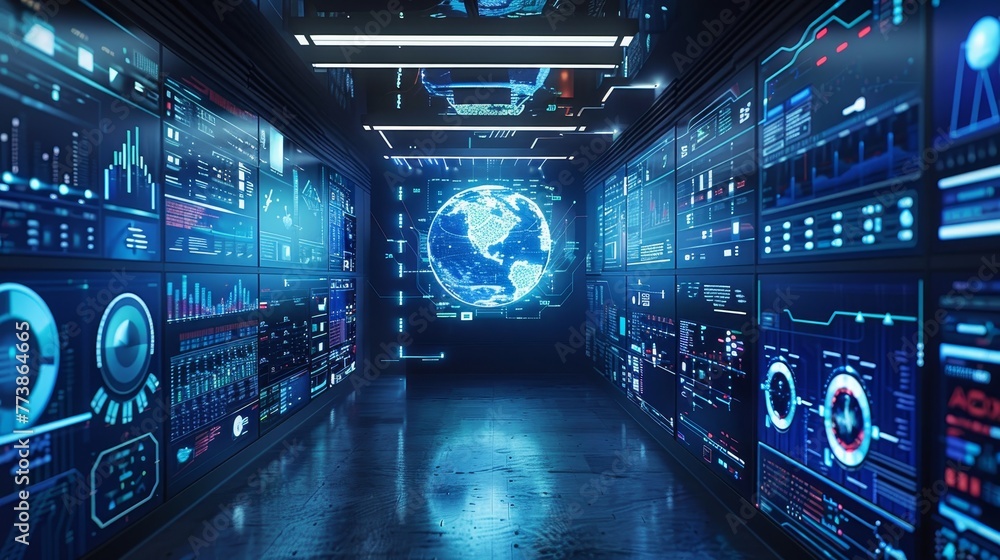 Poster a computer room with many monitors and a large globe on one of them. the room is filled with blue sc