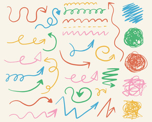 Set of abstract playful doodle arrow and brush line. Multicolor curved chalk darts. Drawn kind elements. Scribble circle