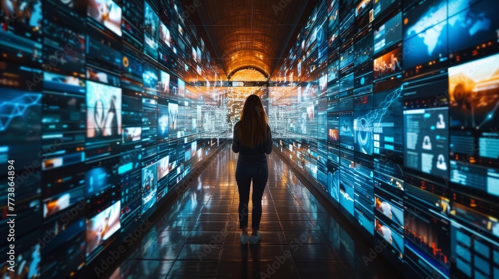 Aufkleber a woman stands in front of a wall of computer screens displaying various images. concept of awe and 