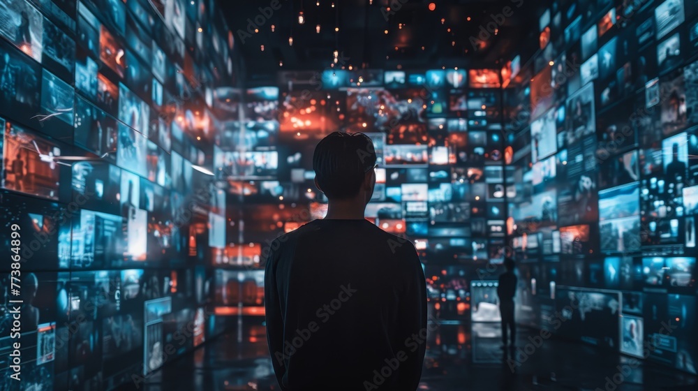 Poster a man stands in front of a wall of screens displaying various images. concept of wonder and amazemen