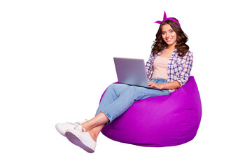 Full size portrait of optimist attractive nice sweet beautiful calm confident lady with her style trendy stylish brunette curly wave hair she sir isolated on vivid violet background hold pc gadget - obrazy, fototapety, plakaty