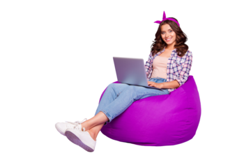 Full size portrait of optimist attractive nice sweet beautiful calm confident lady with her style trendy stylish brunette curly wave hair she sir isolated on vivid violet background hold pc gadget