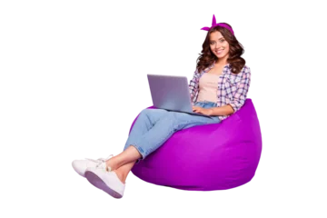 Fototapeten Full size portrait of optimist attractive nice sweet beautiful calm confident lady with her style trendy stylish brunette curly wave hair she sir isolated on vivid violet background hold pc gadget © deagreez