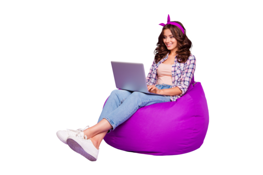 Full size portrait of style stylish trendy lady in casual checkered with her brunette wave curly hair she sit isolated on bright violet background enjoy work on pc gadget