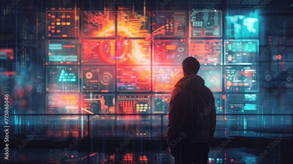 Poster a man stands in front of a computer monitor with a red glowing screen. the man is wearing a black ja