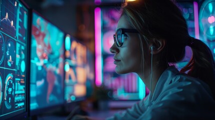 Fototapeta premium A woman is looking at a computer monitor with a lot of data on it. She is wearing glasses and has earbuds in her ears. Concept of focus and concentration as the woman works on her computer