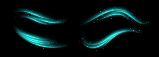 Teal speed lines, light in motion, glowing light trails with sparkles. Bright motion effect, luminescent swirls. Vector decoration. - obrazy, fototapety, plakaty