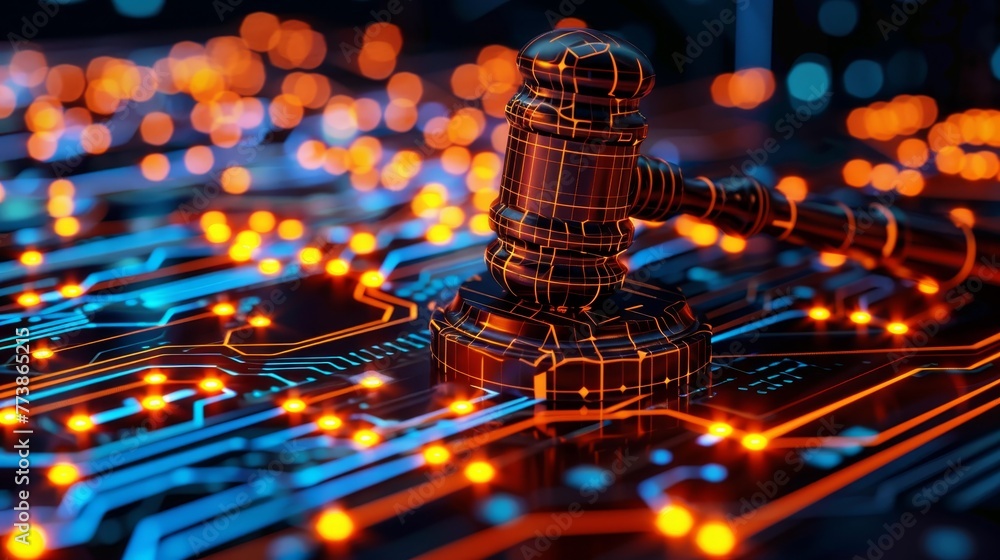 Poster a computer circuit board with a gavel on it. the gavel is lit up in orange and blue