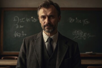 Old-fashioned teacher in the vintage classroom