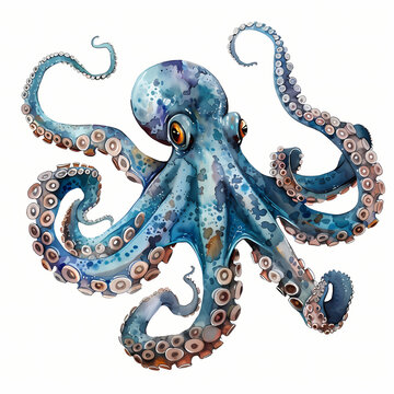 Watercolor Octopus realist clipart on white background