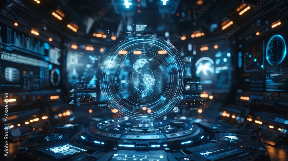 Poster a futuristic room with a glowing globe in the center. the room is filled with screens displaying var