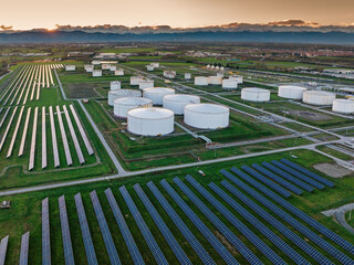 Drone Aerial View power station producing clean, sustainable solar energy  in Italy