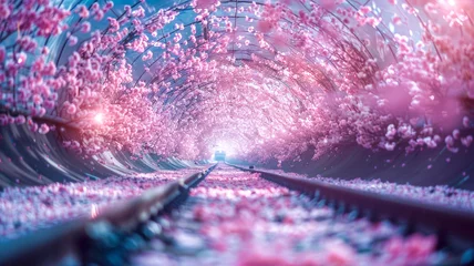Fototapeten Train tracks run through cherry blossom tunnels © senadesign