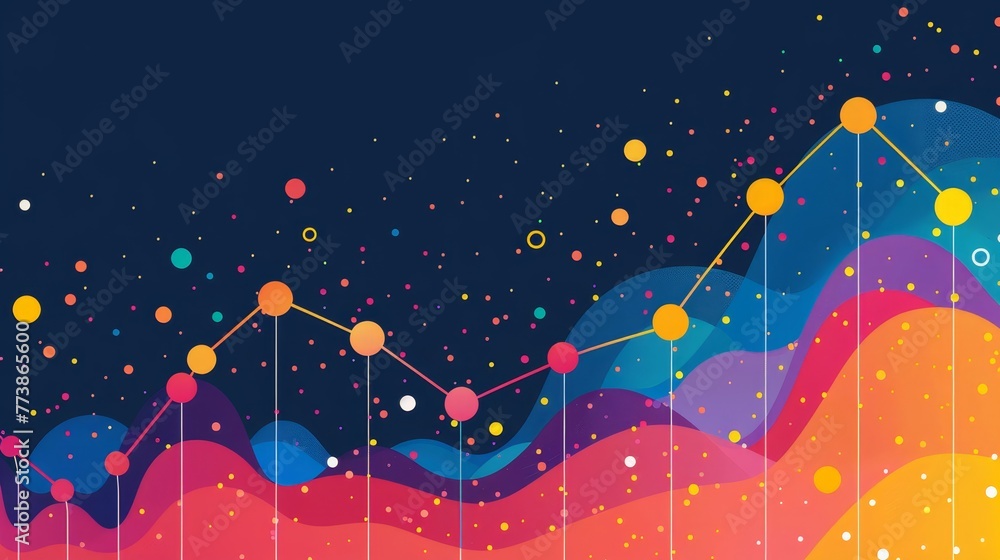 Poster a colorful graph with many lines and dots. the graph is in the sky and has a lot of different colors
