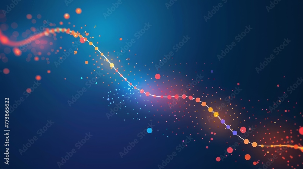 Poster a colorful wave of dots on a blue background. the dots are in various colors and sizes, creating a d