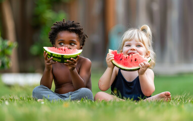African American boy and Caucasian girl sitting in the grass and eating a slice of watermelon, having fun in summer. Multiracial friendship.