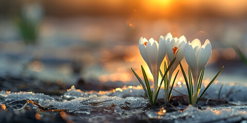 Closeup of early white crocus flowers emerging from the thawing ground, fresh floral scene in spring nature. - obrazy, fototapety, plakaty