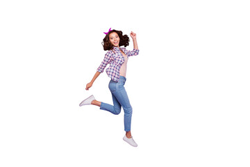 Full length size beautiful attractive pretty lady with her style brunette wave curly hair she run marathon isolated on vivid purple background in headband checkered shirt denim casual jeans