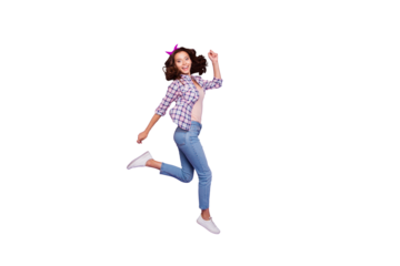 Full length size beautiful attractive pretty lady with her style brunette wave curly hair she run marathon isolated on vivid purple background in headband checkered shirt denim casual jeans