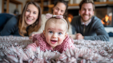 Cute baby girl in pink clothes crawling on the carpet towards the camera, cheerful and smiling, her parents and cousins watching her from behind.