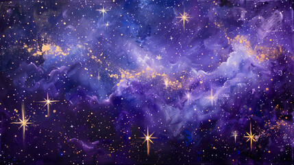A celestial display of shimmering stars agnst a canvas of deep purples and blues, evoking a sense of wonder and awe. - obrazy, fototapety, plakaty