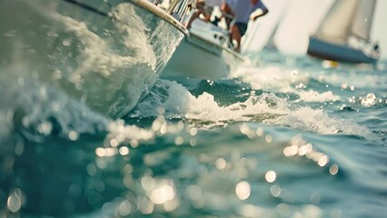 A shot of a team of sailors in action their sleek white boat gliding gracefully through the water as they make their way to the finish line. Their synchronized movements and