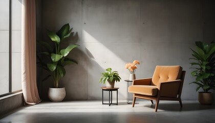 Modern living room with armchair lamp table flower and plant on concrete wall background