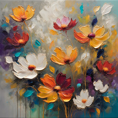 Abstract oil piece capturing the ephemeral nature of blossoms against a tranquil backdrop.